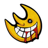 A yellow, grinning sun motif floor mat with a wide open mouth showing dripping red liquid.