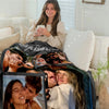 A custom photo couple blanket featuring various photos of a happy couple.