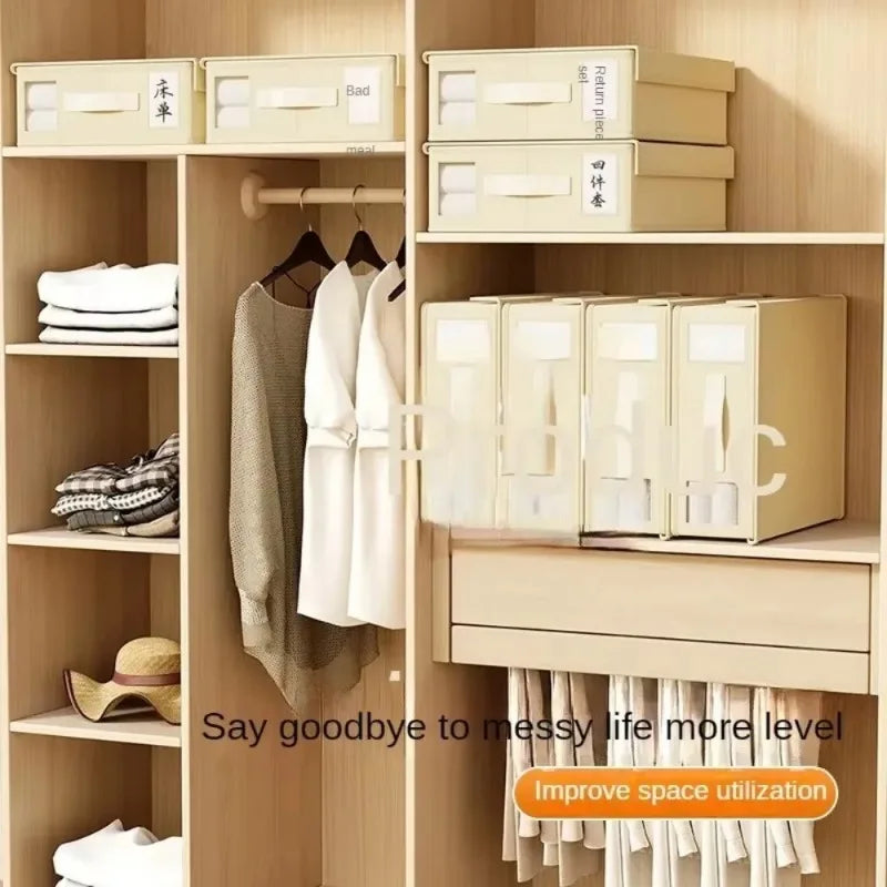 A wooden closet shelf displaying various fabric storage boxes for bedding and clothing.