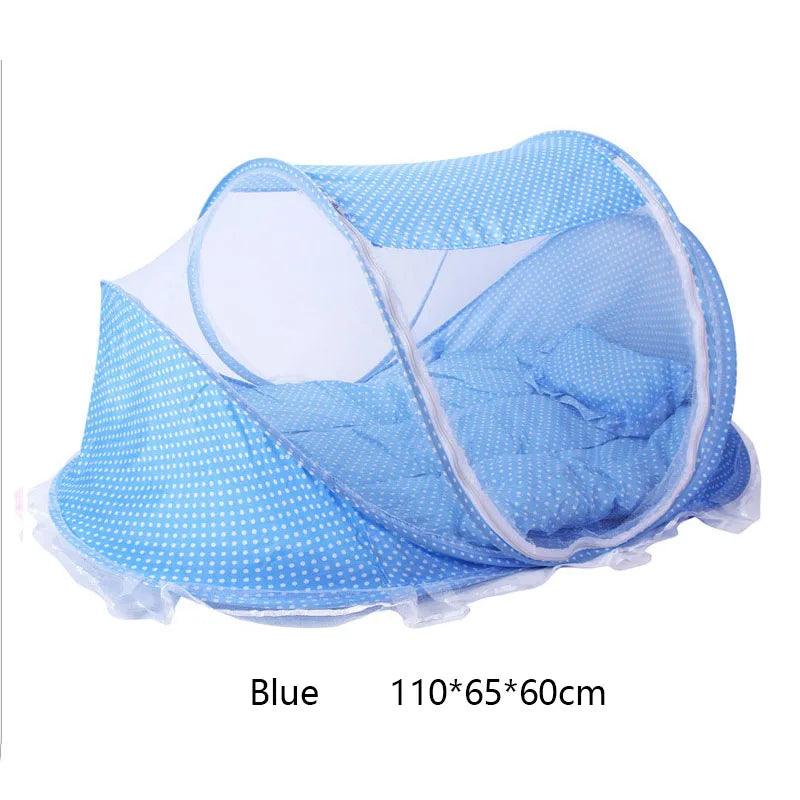 Blue foldable mosquito net with a mesh design shown flat