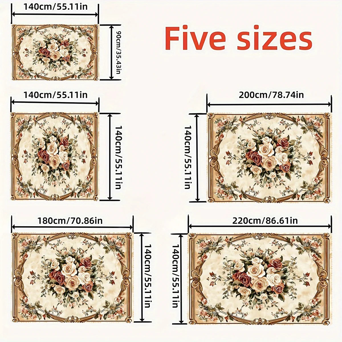 Five sizes of elegant floral lace rectangular tablecloths in various dimensions