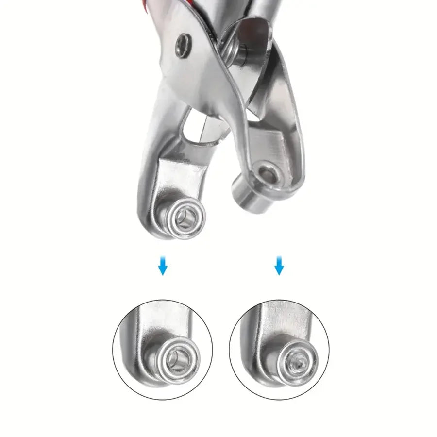 A close-up view of a metal eyelet punch kit with two components shown below.