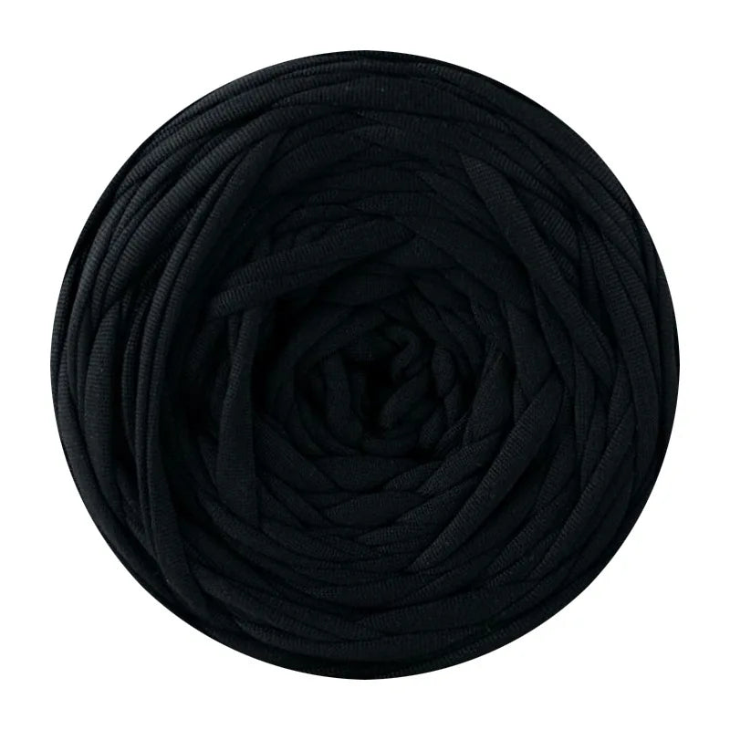A spool of black soft t-shirt yarn for crochet