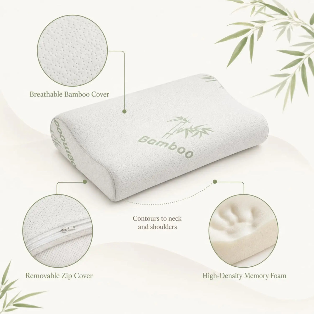 A contoured memory foam pillow with a breathable bamboo cover, showing details of the removable zip cover and high-density me