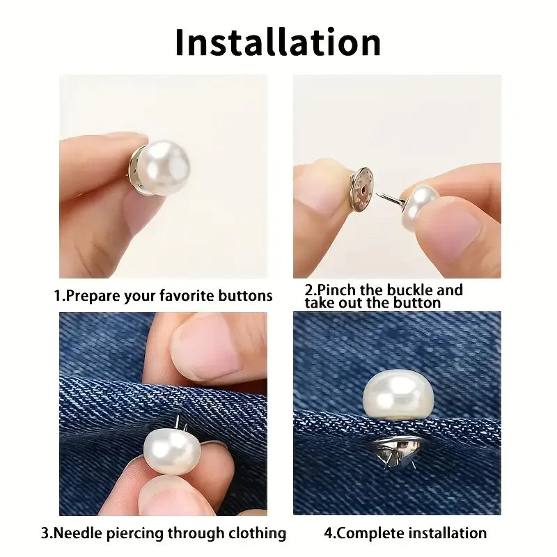 Step-by-step guide showing how to install pearl button pins through clothing.