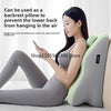 A woman is lying down using an ergonomic pillow designed to support the lower back and prevent hanging in the air.