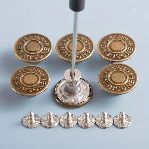 A set of adjustable metal snap buttons for denim, featuring gold-toned and silver-toned buttons.