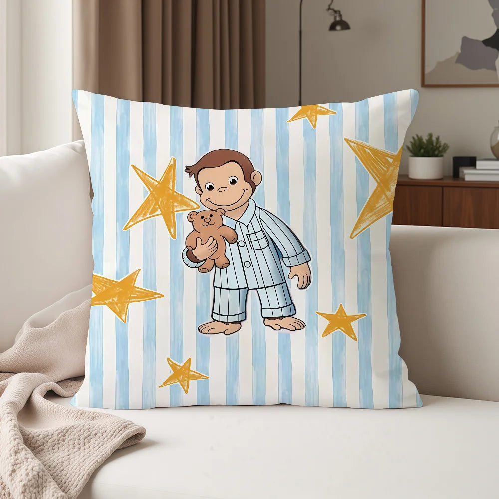 A decorative pillow featuring a cartoon illustration of a boy holding a teddy bear surrounded by yellow stars on a blue and w