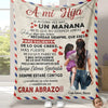A cozy flannel throw blanket featuring a graphic design with the text Ami Hija and encouraging words for a mother and daughte