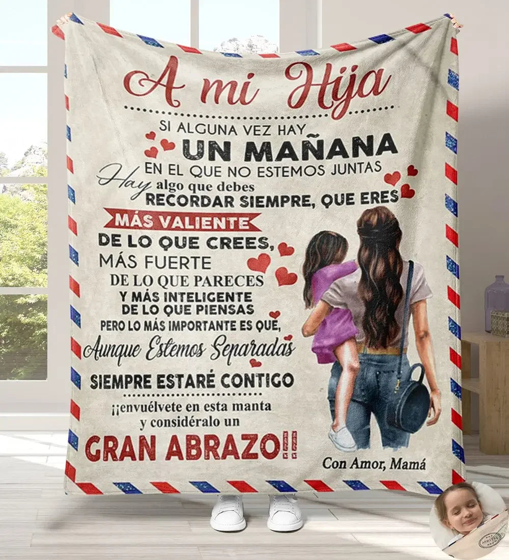 A cozy flannel throw blanket featuring a graphic design with the text Ami Hija and encouraging words for a mother and daughte