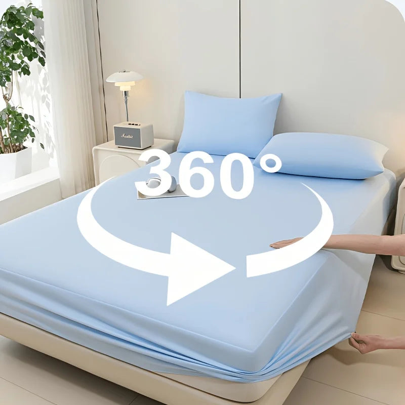 A blue ice silk cooling fitted bed sheet set displayed with a 360-degree rotation arrow.