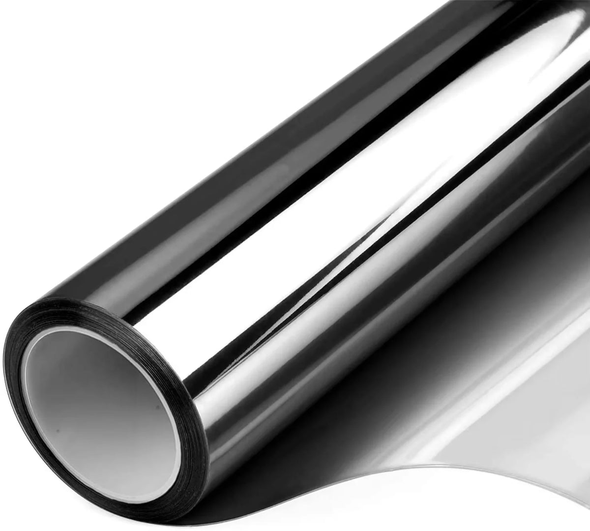 A close-up view of a black one way mirror window film rolled up, showing its smooth surface and reflective quality.
