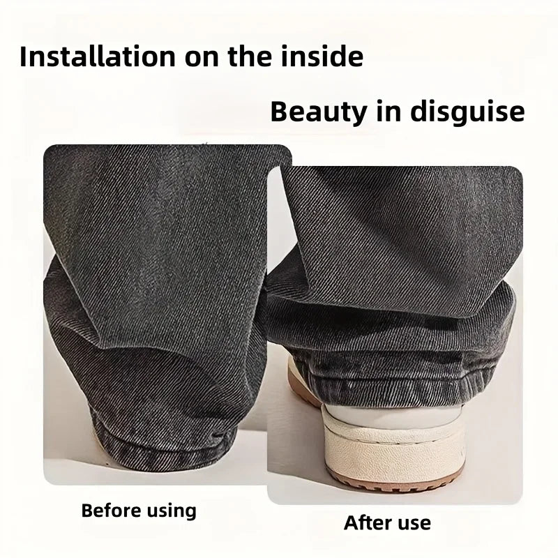 Before and after images showing the installation of invisible pants hem clips for length adjustment