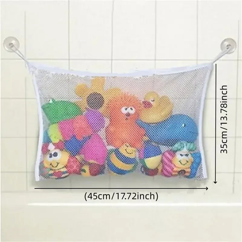 A mesh net organizer bag filled with colorful toddler bath toys hanging from a metal hook.