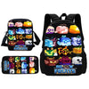 A set of cartoon kids' backpacks featuring various fruit designs, including a main backpack and a matching shoulder bag and p
