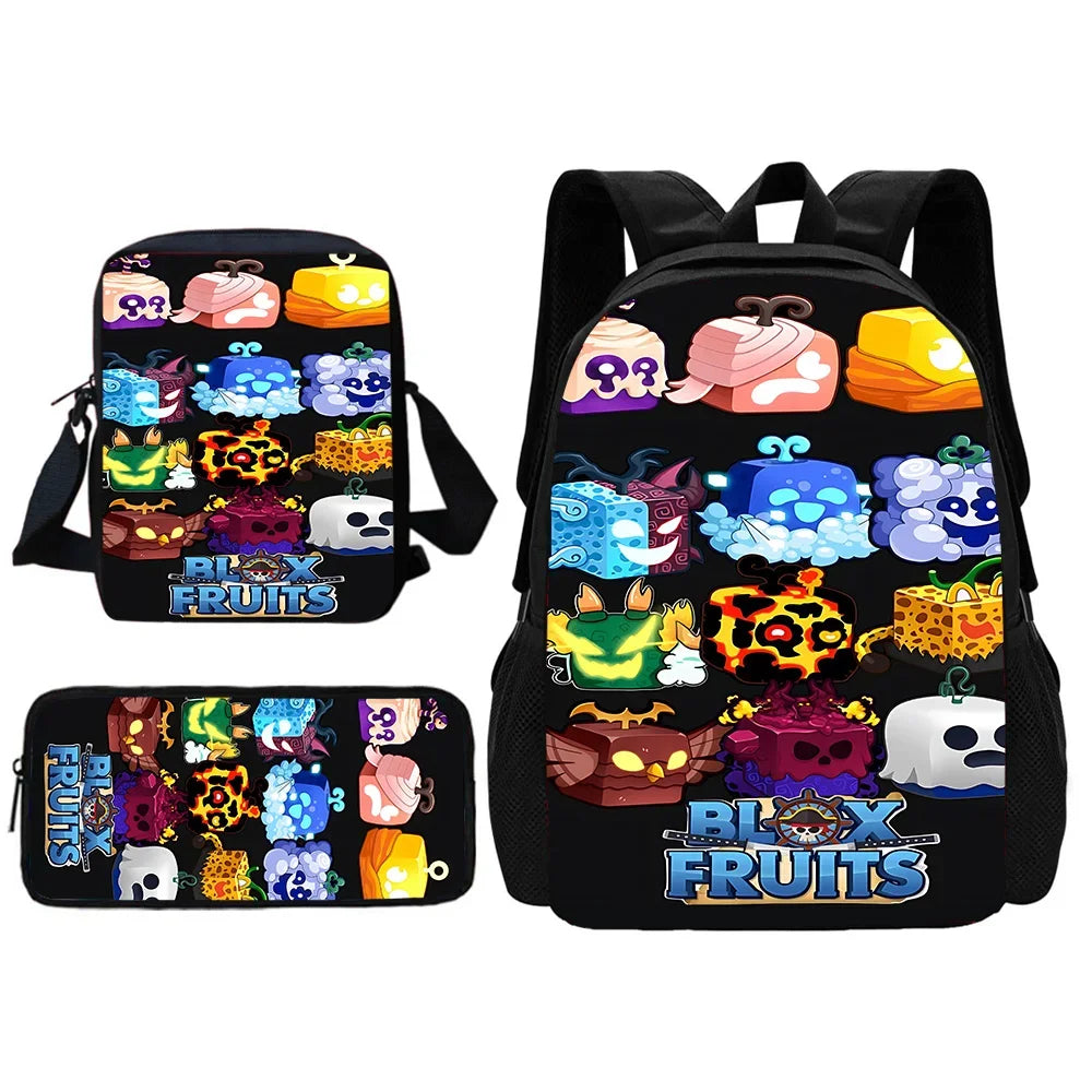 A set of black cartoon fruit themed backpacks, including a shoulder bag and a pencil case.