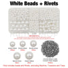 A white bead setting kit showing various sizes of white pearls and silver rivets organized in a grid.
