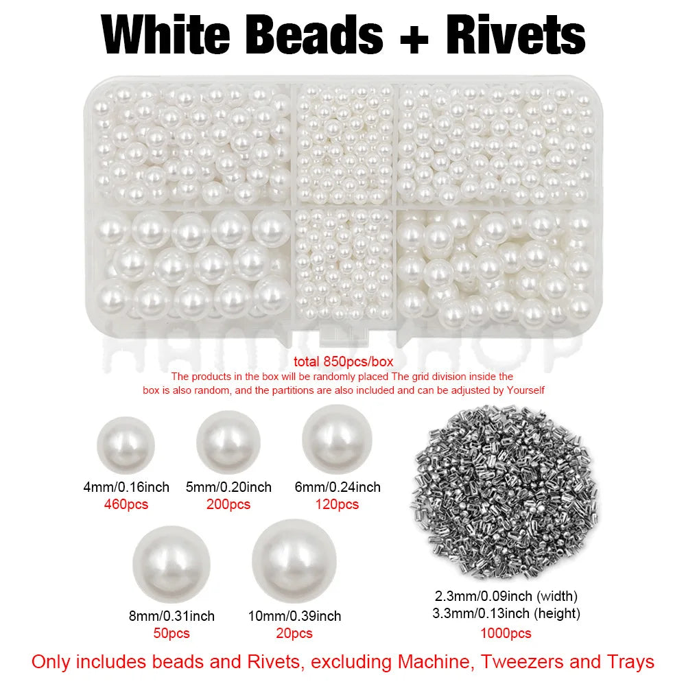A white bead setting kit showing various sizes of white pearls and silver rivets organized in a grid.