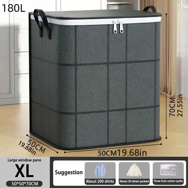 A gray foldable storage bag with a black lid is shown next to a ruler for scale.