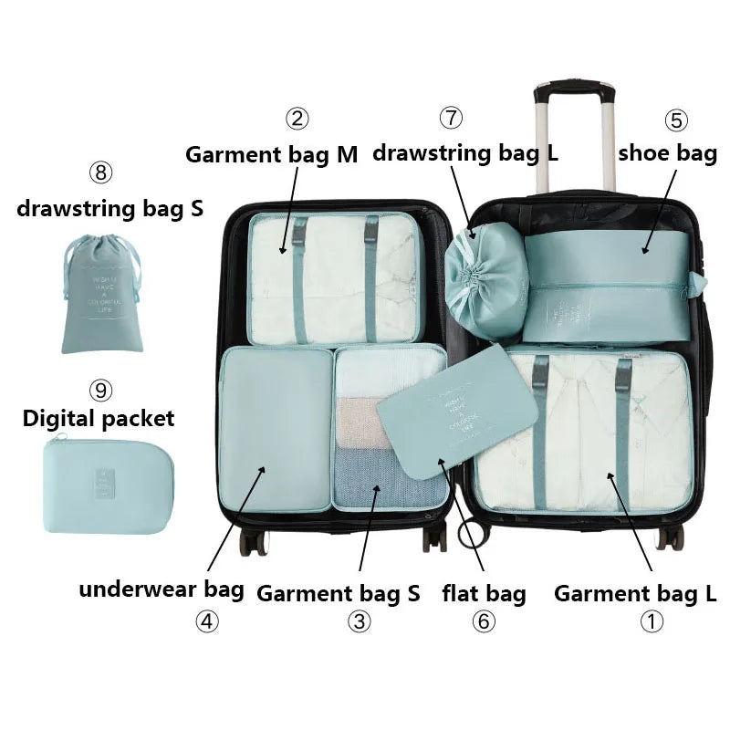 A set of nine portable mesh storage bags including a garment bag, drawstring bag, underwear bag, flat bag, and shoe bag.