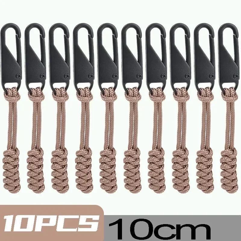 Ten detachable zipper pull sliders in a beige color, measuring 10cm long.