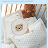 A white quilted pillow with a bear design is shown next to a brown teddy bear on a wooden crib railing.