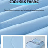 Close-up of a light blue silk fabric showing quilting process and portable storage of the product.