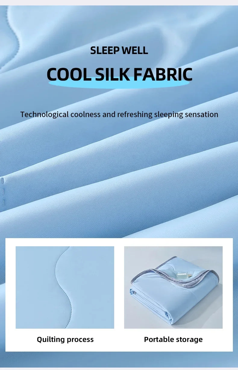 Close-up of a light blue silk fabric showing quilting process and portable storage of the product.