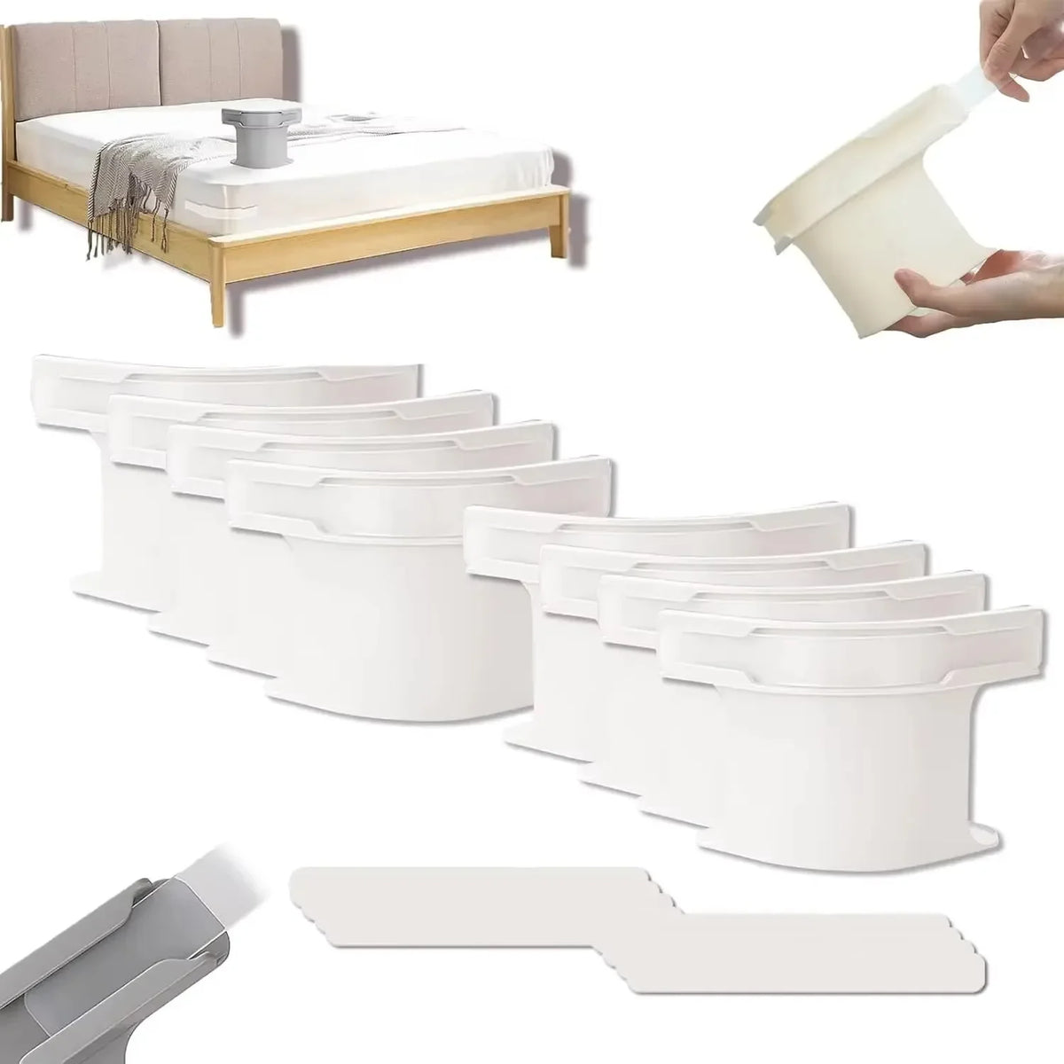 A set of heavy duty bed sheet corner tightener clips in a beige color shown with a hand applying one clip.