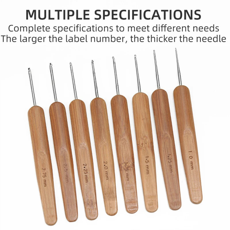 A set of multiple precision crochet hooks made of wood with various sizes and labels