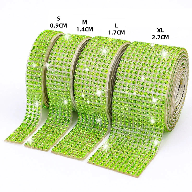 Roll of self-adhesive crystal rhinestone ribbon in various sizes S to XL for DIY crafts