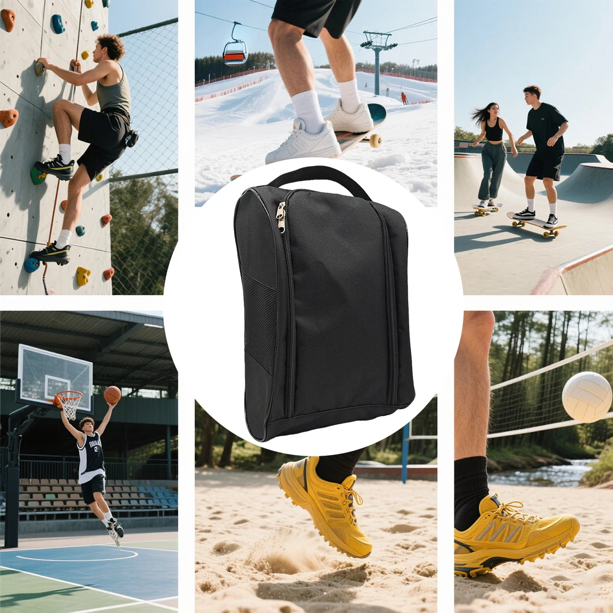 A black portable shoe carrier bag is shown next to various athletic activities including skateboarding and sports training.