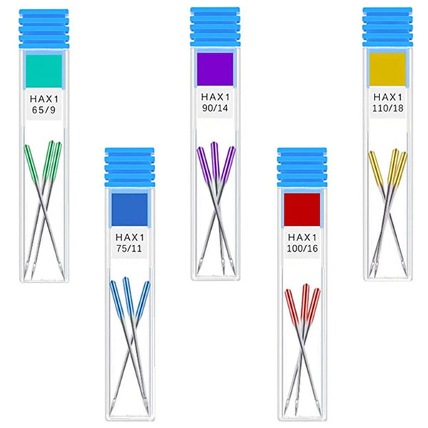 A set of precision sewing machine anti-jump needles in various colors and sizes packaged in clear tubes.