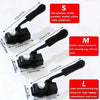 A set of three black zipper repair kits labeled S, M, and L showing different sizes for various clothing items.