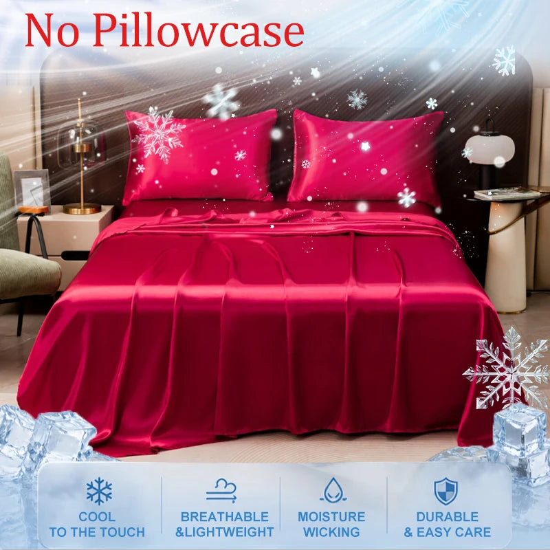 A vibrant red satin pillowcase and bedding set with snowflake accents, emphasizing cool to the touch, breathable, moisture-wi