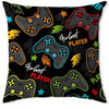 A black pillow cover featuring a repeating pattern of colorful game controllers and lightning bolts.