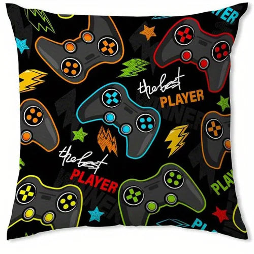 A black pillow cover featuring a repeating pattern of colorful game controllers and lightning bolts.