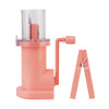 A pink hand knit loom for crafting knots with a clear plastic cylinder and a wooden-like arm.