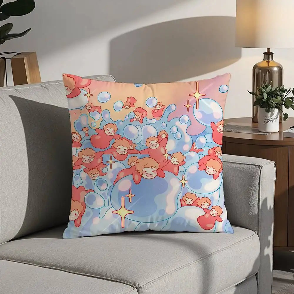 A colorful cartoon pillow featuring pink and orange ponies swimming in light blue bubbles