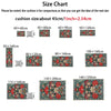 A size chart showing various cushion sizes for comparison, including 40x60cm, 50x80cm, and 100x160cm.