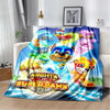 A colorful Mighty Pups Super Paws cartoon blanket featuring various dog characters.