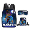 A black backpack and matching pouch featuring a Roblox Master character design.