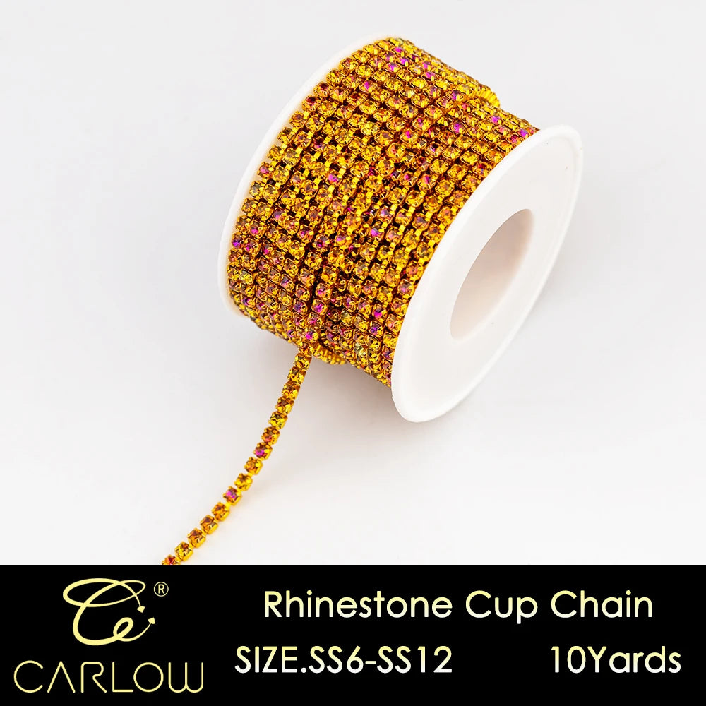 A spool of multi-color glass rhinestone cup chain, 10 yards long.