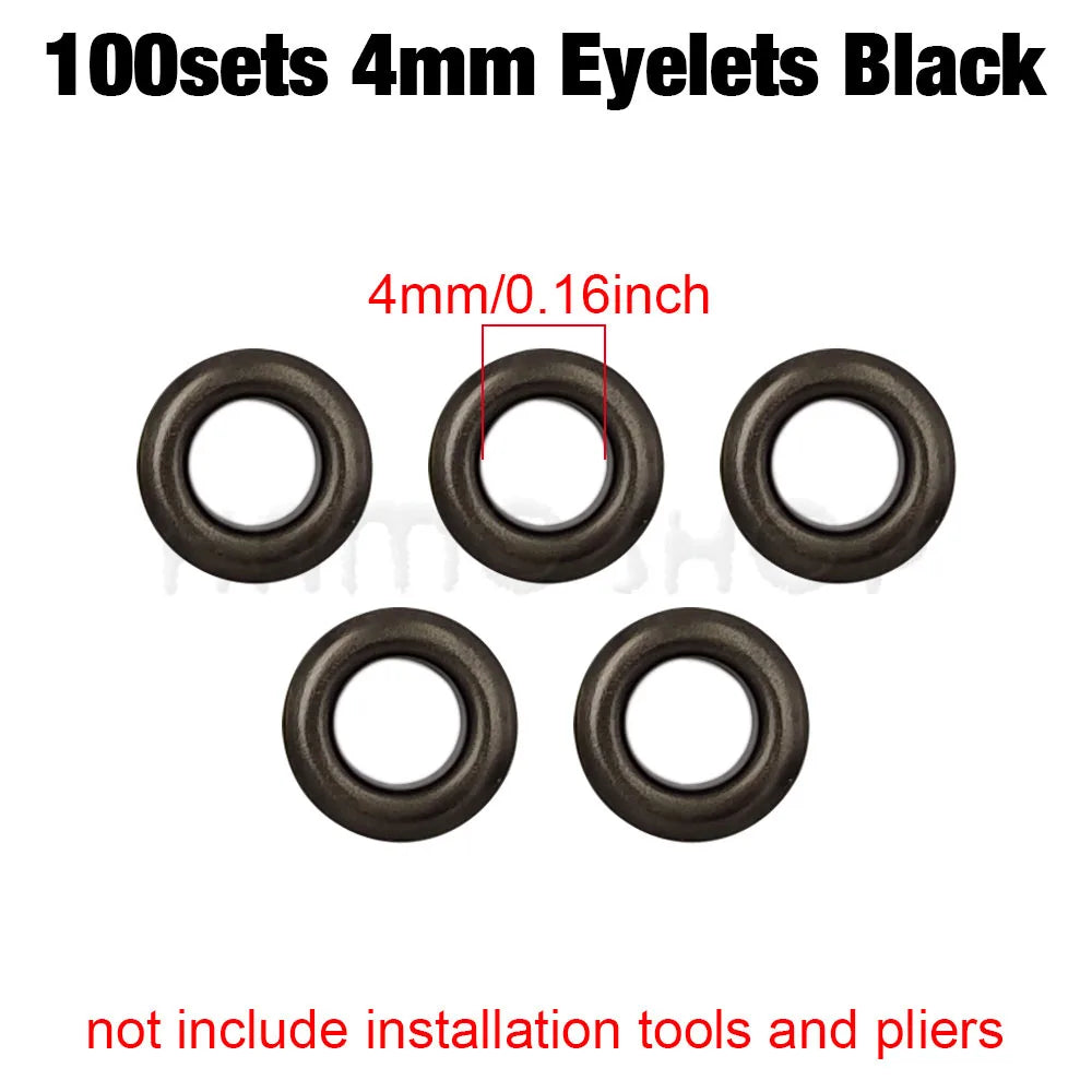 A set of 10 black 4mm eyelets shown in various views.