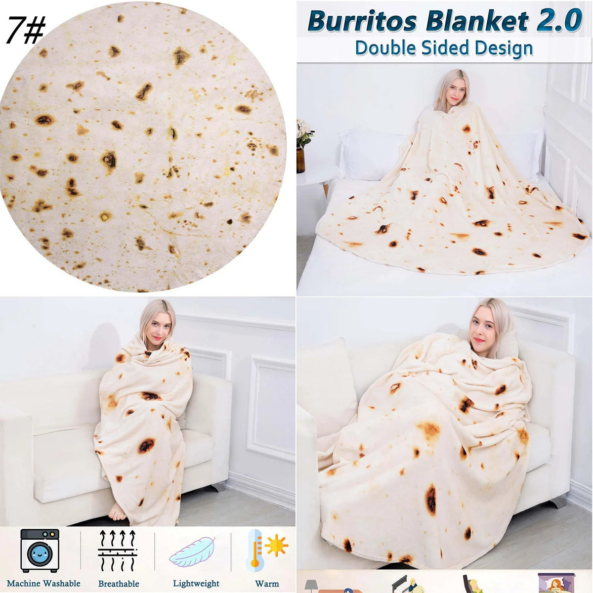 A beige burrito blanket throw draped over a person, showcasing its double-sided design and soft texture.