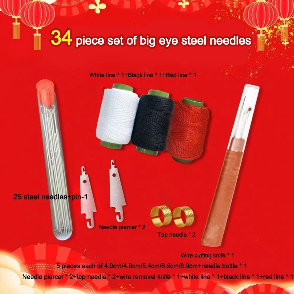 A set of 34 piece big eye steel needles, including various types like white, black, and red lines, along with a needle pierce