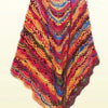 A vibrant gradient dyed wool yarn scarf featuring intricate multicolored chevron patterns.
