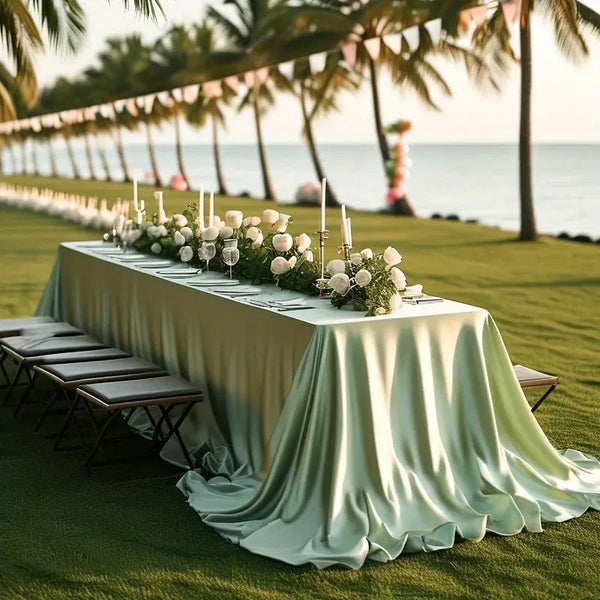A long table draped with a satin overlay cloth and decorated with white flowers set up outdoors on a grassy lawn.