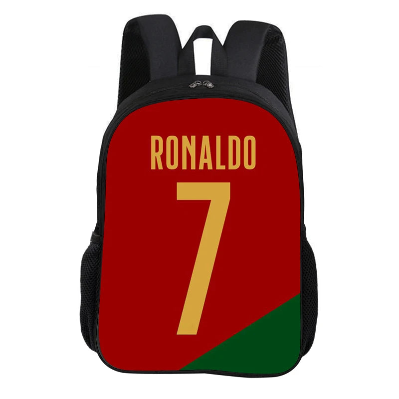 A red and green football sports backpack featuring the name RONALDO and the number 7.