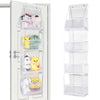 A white foldable over-the-door storage organizer with multiple clear plastic compartments for organizing items.